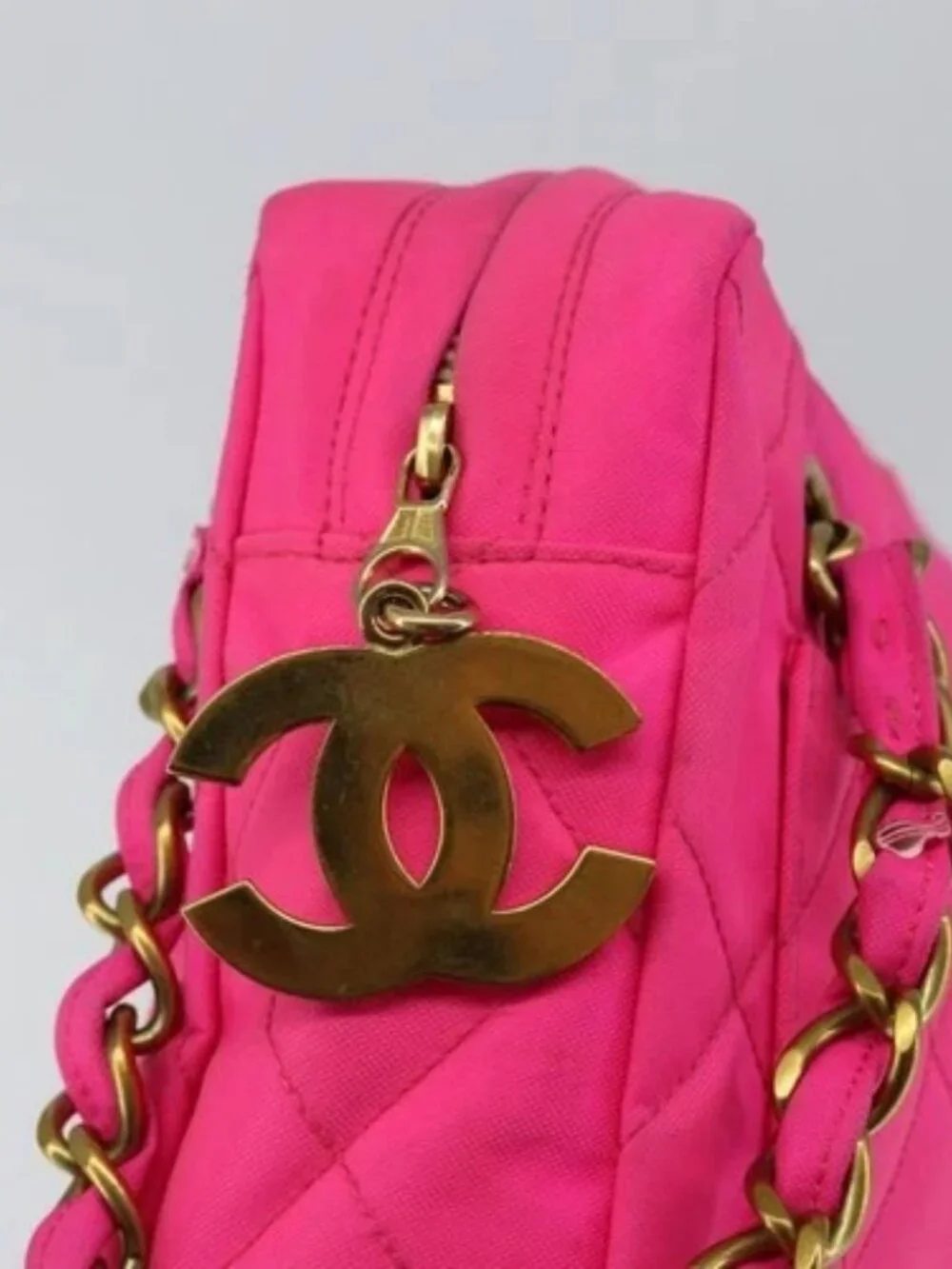 CHANEL Matelasse Chain Shoulder Bag Nylon Pink Gold CC Auth 149222